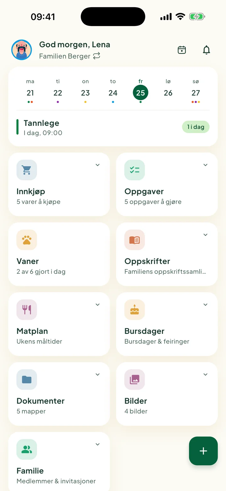 Startskjermen med ukekortet og rutene