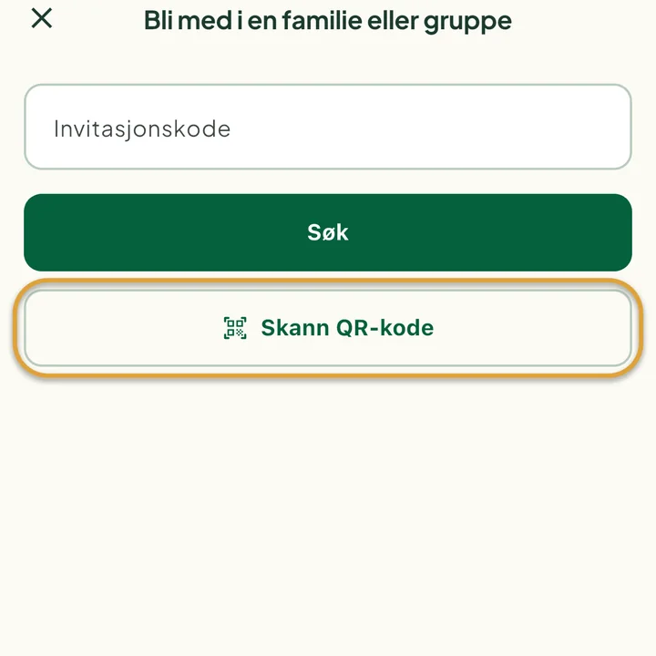 Skjermen Bli med i en familie eller gruppe med feltet Invitasjonskode. Knappen Skann QR-kode er ringet inn.