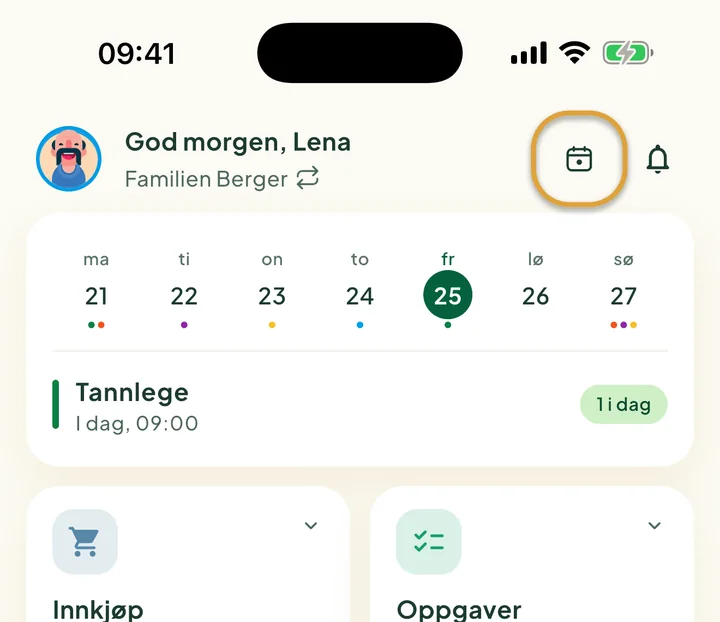 Toppen av startskjermen. Knappen I dag ved siden av bjella er ringet inn.