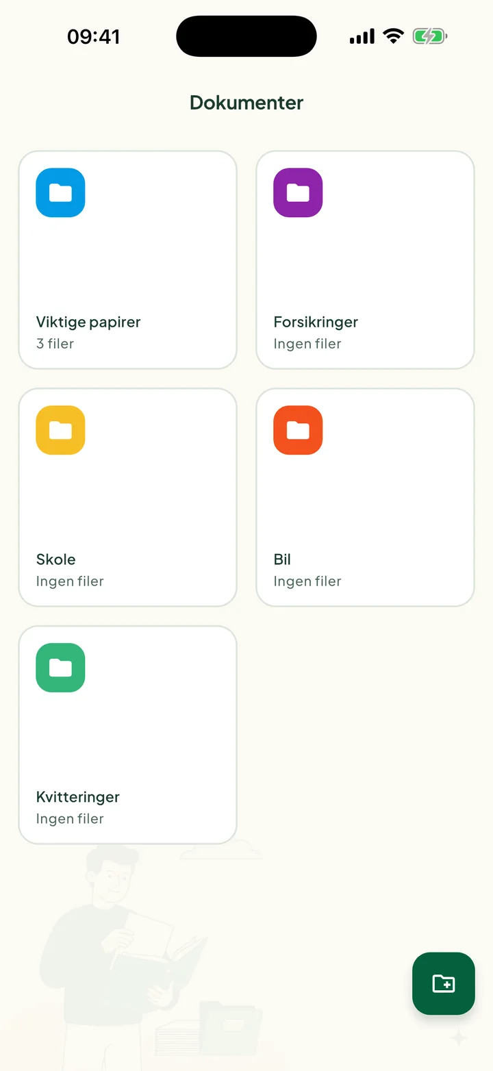 Skjermen Dokumenter med fem mapper: Viktige papirer, Forsikringer, Skole, Bil og Kvitteringer.