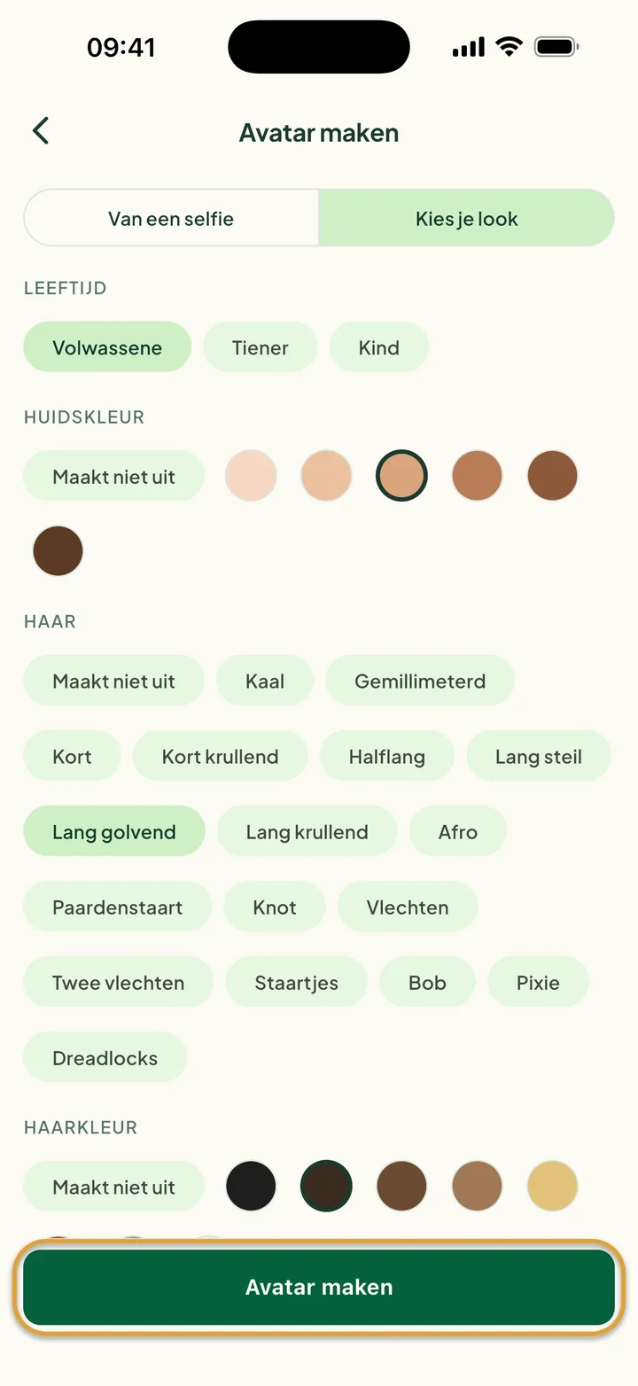 Kies je look met Volwassene, een huidskleur, en Lang golvend en Donkerbruin haar gekozen. Avatar maken is omcirkeld.