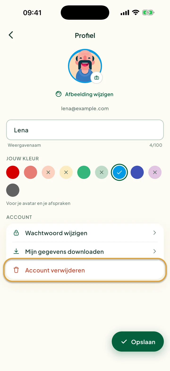 Het profielscherm. Account verwijderen, de laatste regel onder Account, is omcirkeld.