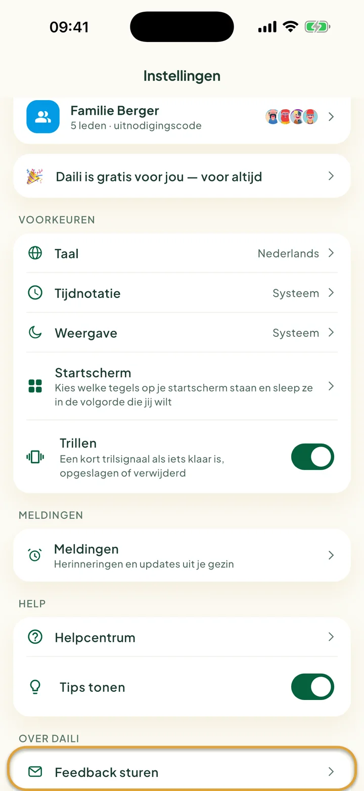 Het scherm Instellingen. Feedback sturen, onder Over Daili, is omcirkeld.
