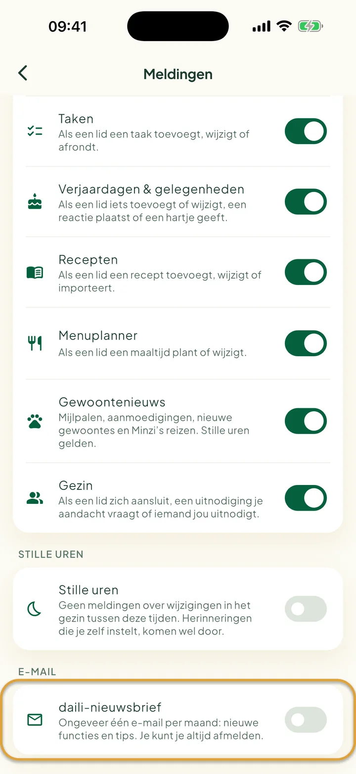 De onderkant van het scherm Meldingen. De schakelaar daili-nieuwsbrief, onder E-mail, is omcirkeld.