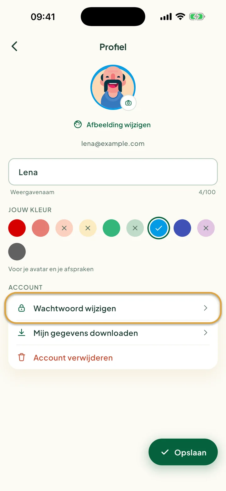 Het profielscherm. Wachtwoord wijzigen, onder Account, is omcirkeld.