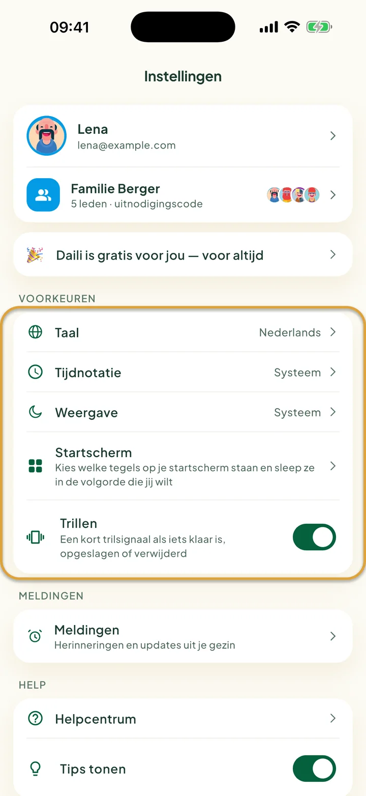 Het scherm Instellingen. De kaart Voorkeuren met Taal, Tijdnotatie, Weergave, Startscherm en Trillen is omcirkeld.