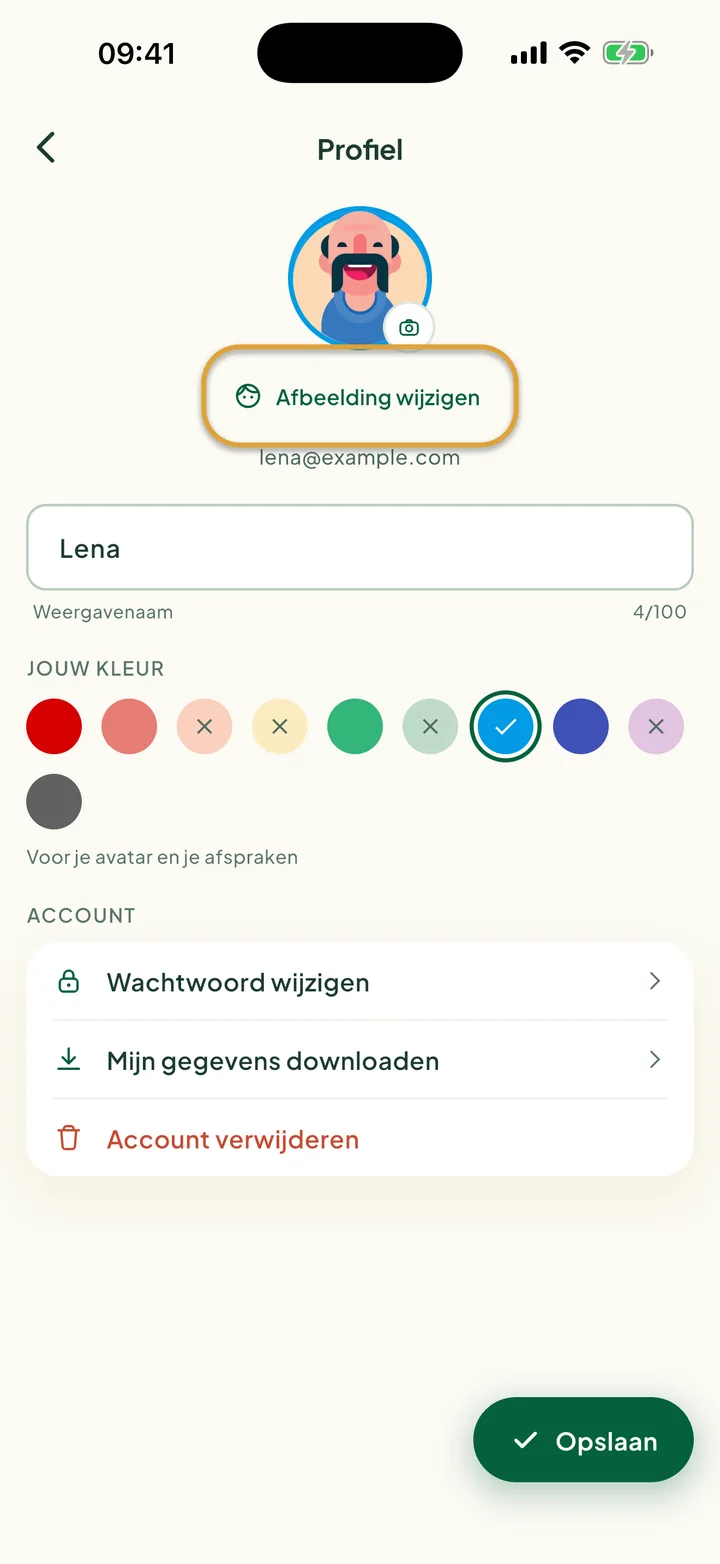 Het profielscherm met de naam, de kleuren en de regels van je account. Afbeelding wijzigen is omcirkeld.