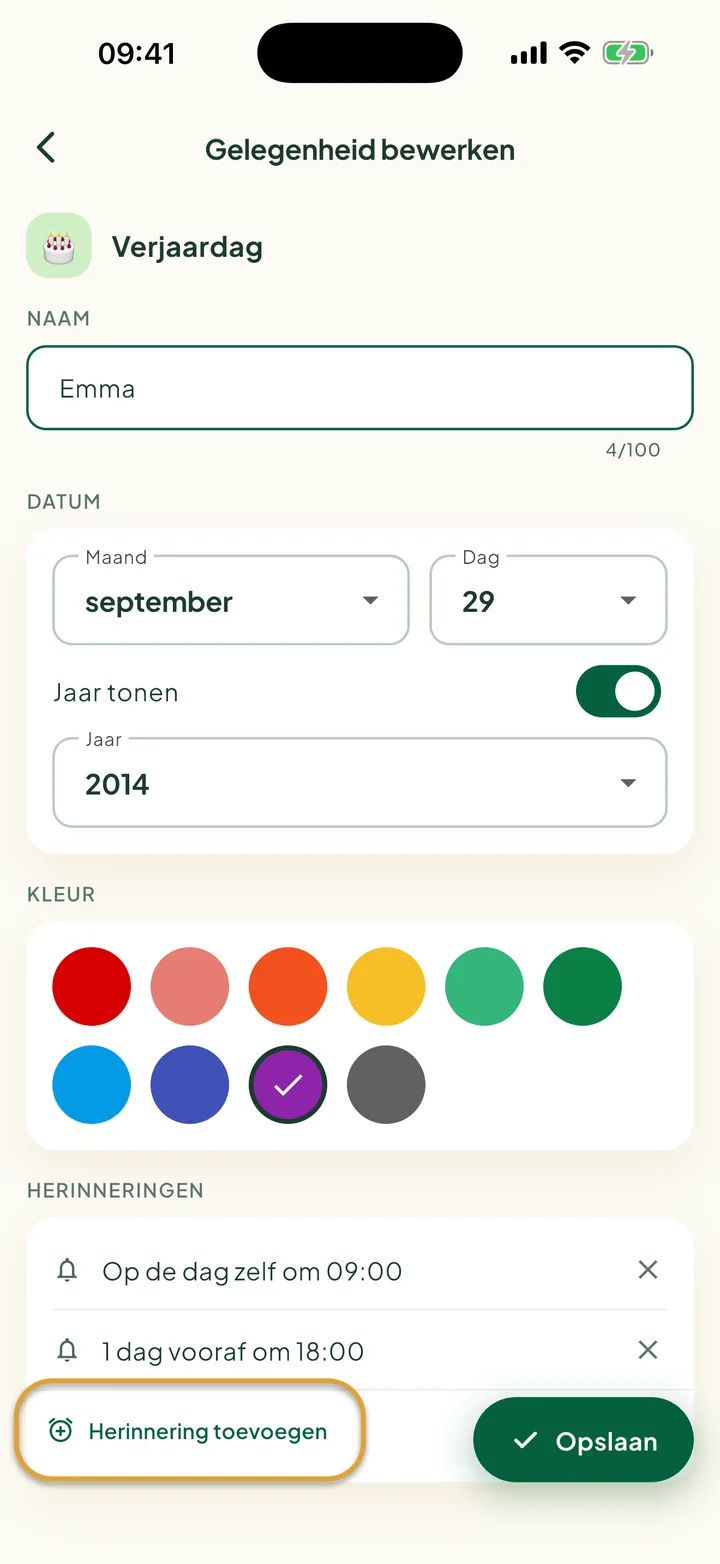 Het scherm Gelegenheid bewerken met twee herinneringen. De knop Herinnering toevoegen is omcirkeld.