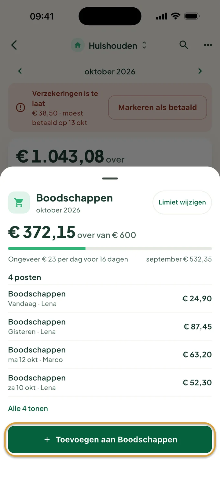 Het venster Boodschappen: € 372,15 over van € 600 en vier posten. De knop Toevoegen aan Boodschappen is omcirkeld.