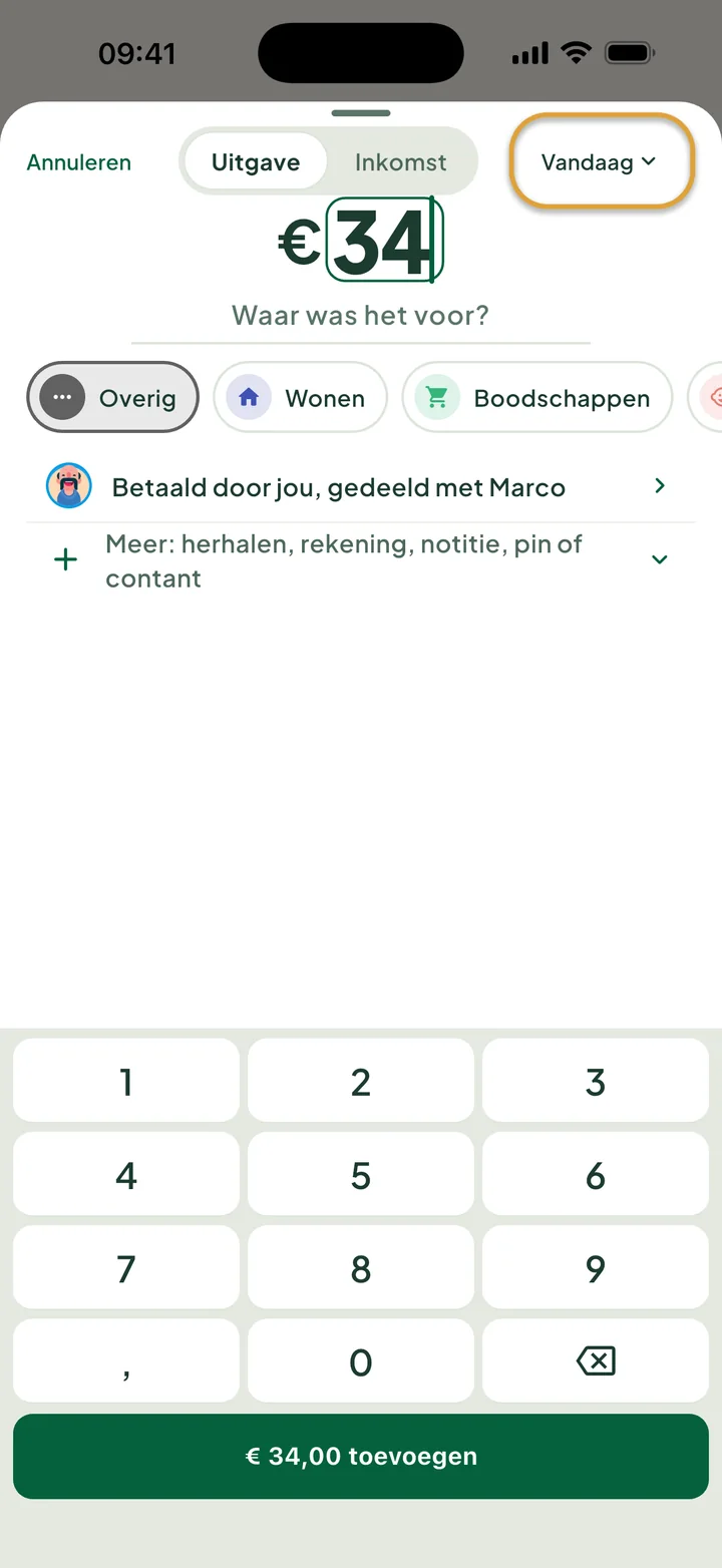 Een uitgave van € 34 invoeren met het cijferblok. De knop Vandaag bovenaan is omcirkeld.