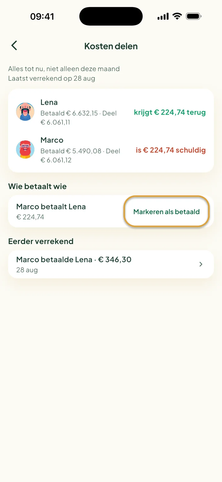 Het scherm Kosten delen. Marco betaalt Lena € 224,74. De knop Markeren als betaald is omcirkeld.