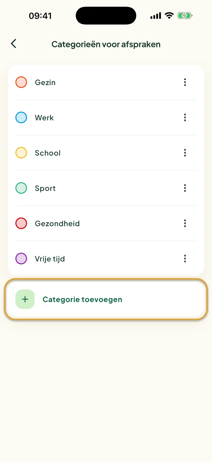 Het scherm Categorieën voor afspraken met zes categorieën. De regel Categorie toevoegen is omcirkeld.