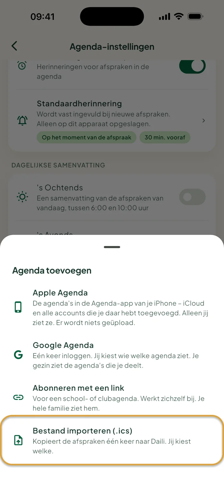 Het venster Agenda toevoegen in de agenda-instellingen. Bestand importeren (.ics) is omcirkeld.