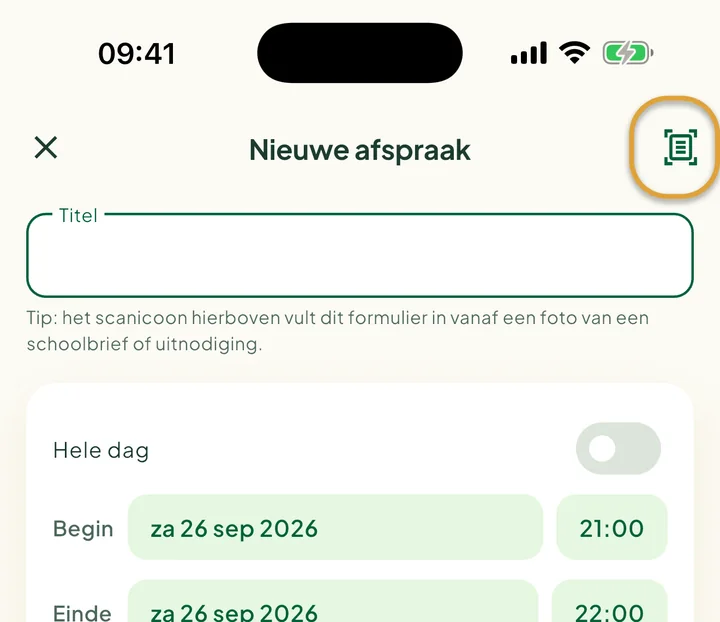Het scherm Nieuwe afspraak. Het scanicoon rechtsboven is omcirkeld.