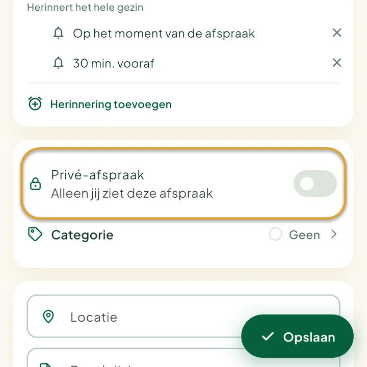 Het afsprakenformulier. De schakelaar Privé-afspraak is omcirkeld.