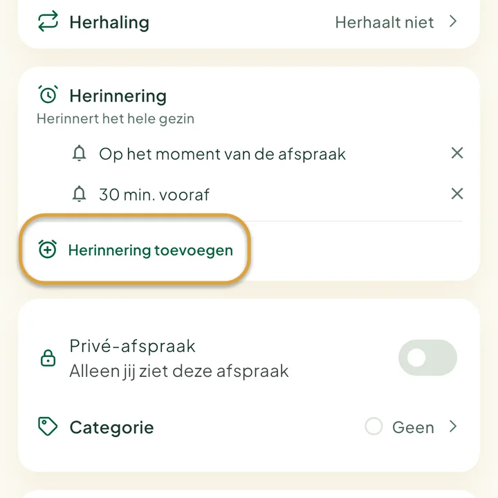 Het onderdeel Herinnering in het afsprakenformulier met twee herinneringen. De knop Herinnering toevoegen is omcirkeld.