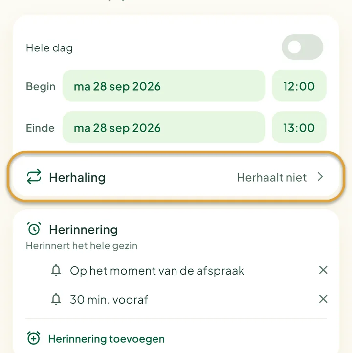 Het formulier voor een nieuwe afspraak. De regel Herhaling is omcirkeld.