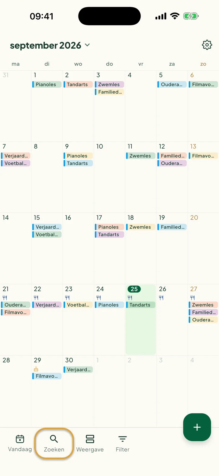 De agenda in de maandweergave. De knop Zoeken in de balk onderaan is omcirkeld.