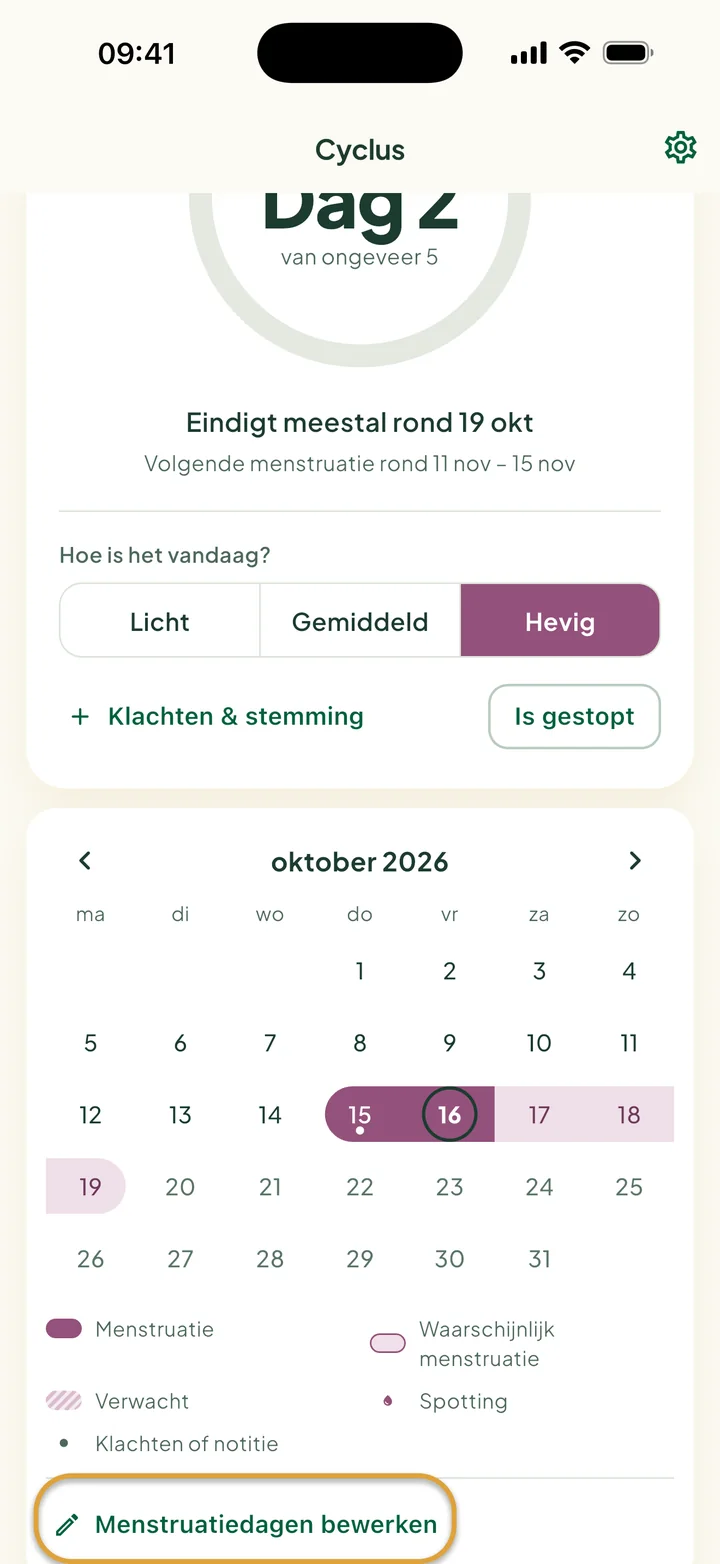De maand in Cyclus op menstruatiedag 2: een band op 15–16 okt, zachte dagen erna en vandaag met een ring. Menstruatiedagen bewerken is omcirkeld.