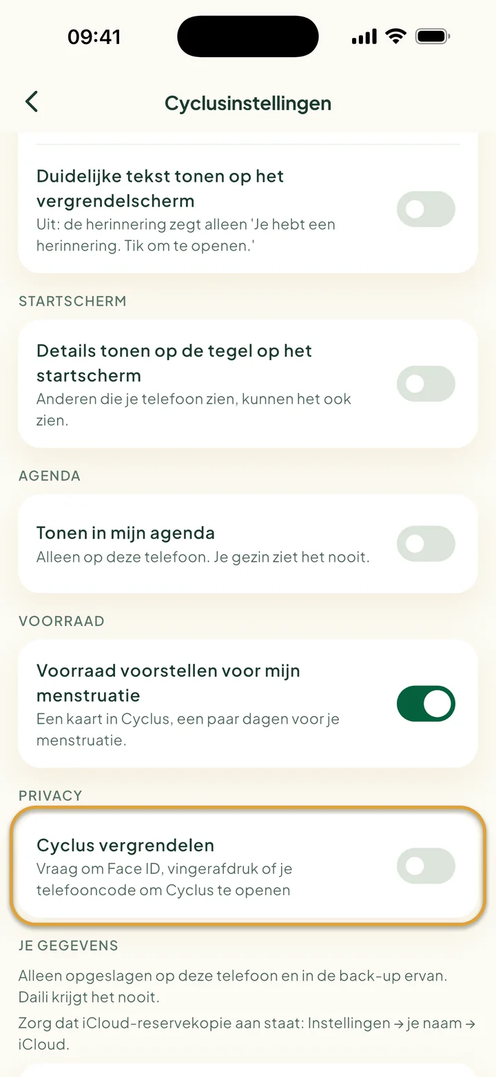 Cyclusinstellingen met Tonen in mijn agenda en de schakelaar voor voorraad. Cyclus vergrendelen is omcirkeld.