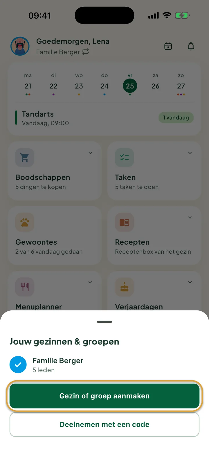 Het venster Jouw gezinnen & groepen boven het startscherm. De knop Gezin of groep aanmaken is omcirkeld.