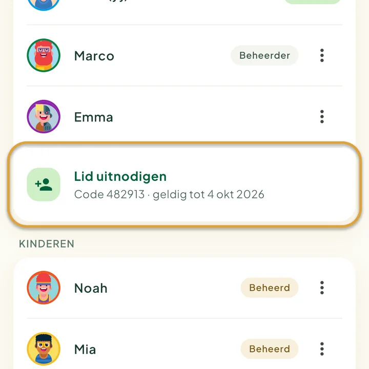 Het gezinsscherm. Lid uitnodigen, met de huidige code en de einddatum eronder, is omcirkeld.