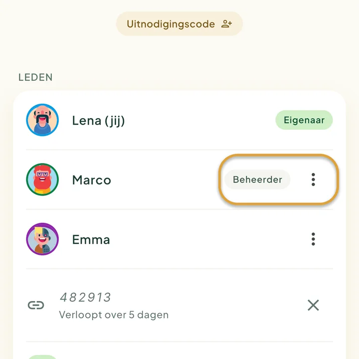 De lijst met leden op het gezinsscherm met de labels Eigenaar en Beheerder. Het label Beheerder en de knop ⋮ naast Marco zijn omcirkeld.