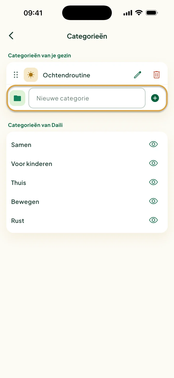 Het scherm Categorieën met de categorie Ochtendroutine. Het veld Nieuwe categorie is omcirkeld.
