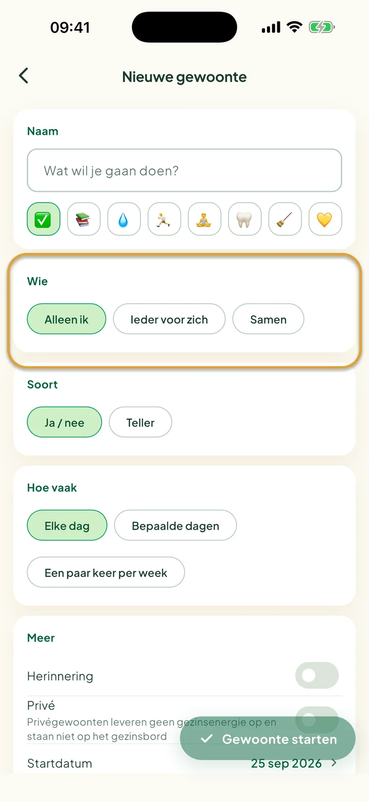 Het formulier voor een nieuwe gewoonte. De keuzes bij Wie, Alleen ik, Ieder voor zich en Samen, zijn omcirkeld.