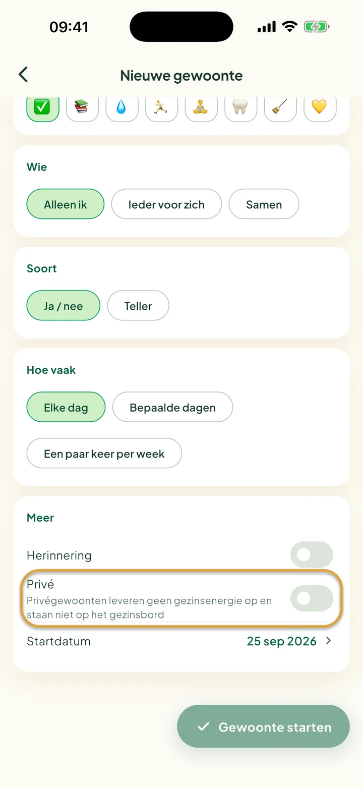 Het deel Meer van het formulier voor een nieuwe gewoonte. De schakelaar Privé is omcirkeld.