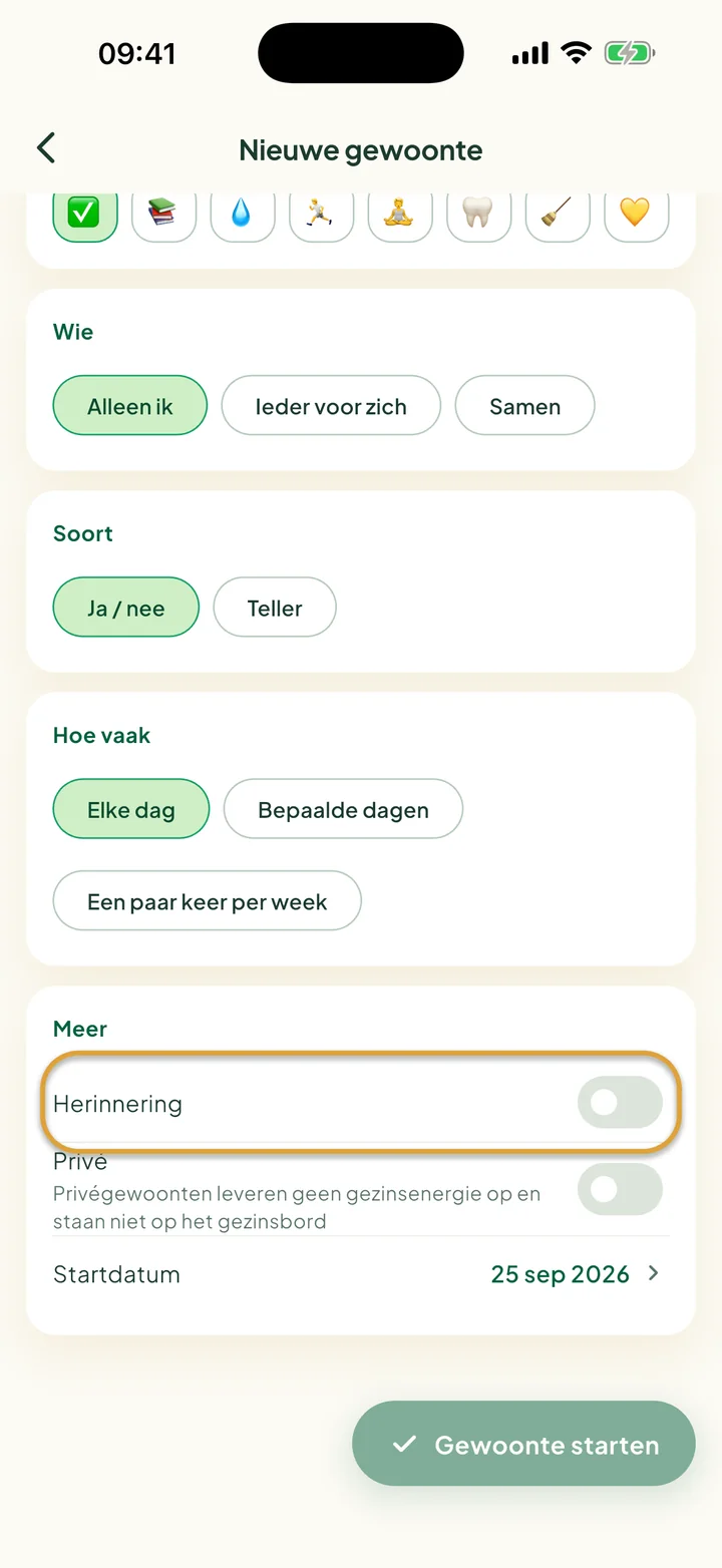 Het deel Meer van het formulier voor een nieuwe gewoonte. De schakelaar Herinnering is omcirkeld.