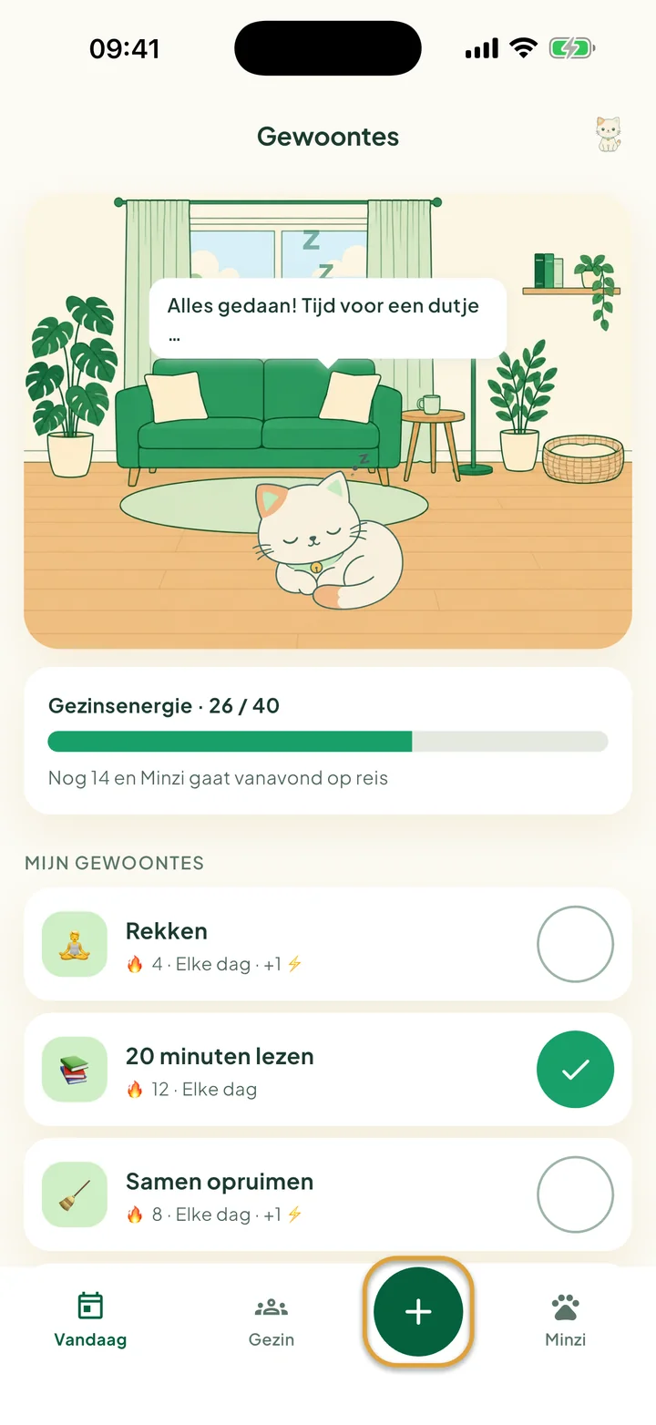 Het scherm Gewoontes met Minzi in haar kamer, de balk Gezinsenergie en drie gewoontes. De knop + in de balk onderaan is omcirkeld.
