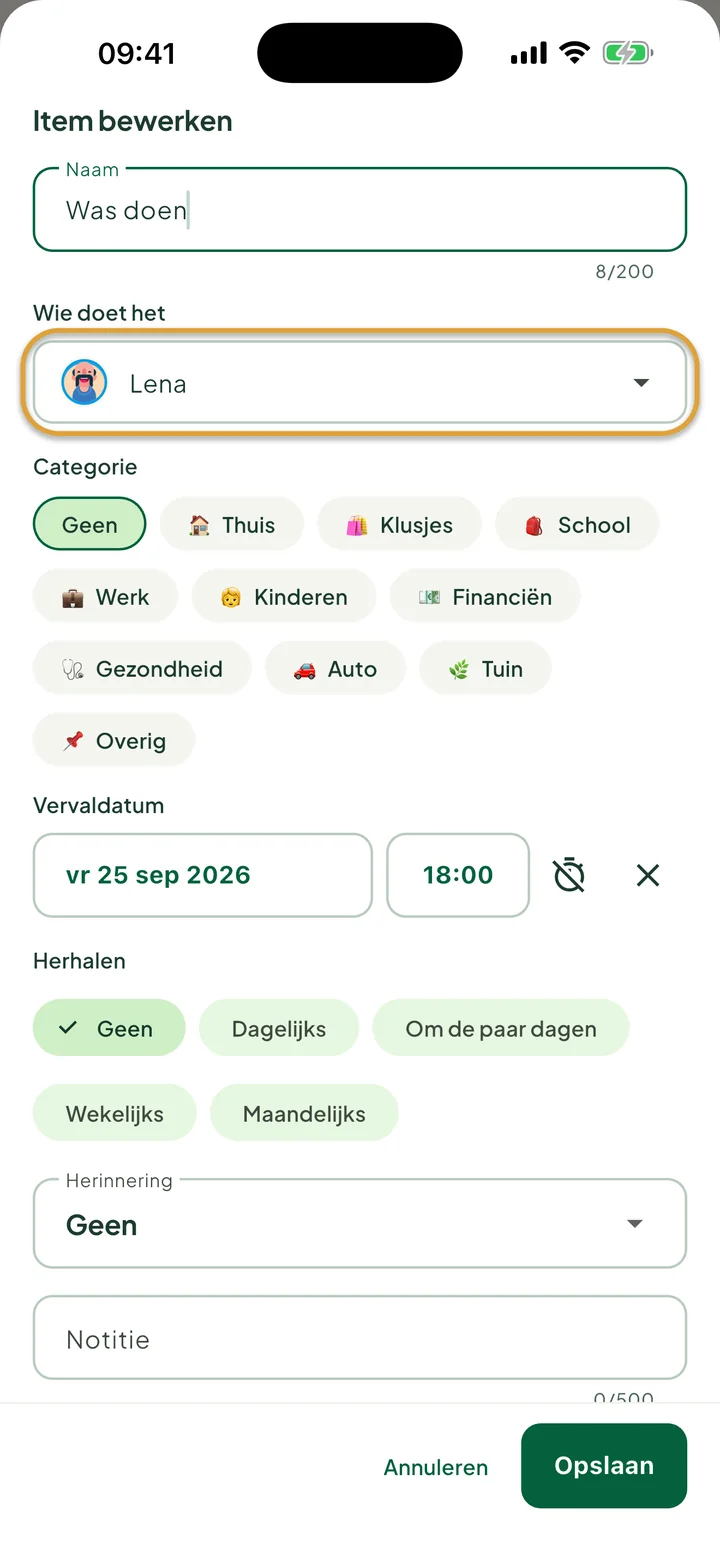 Het venster om een taak te bewerken. Het veld Wie doet het, ingesteld op Lena, is omcirkeld.
