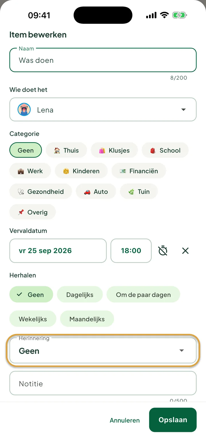 Het venster om een taak te bewerken, met een vervaldatum en een tijd. Het veld Herinnering is omcirkeld.