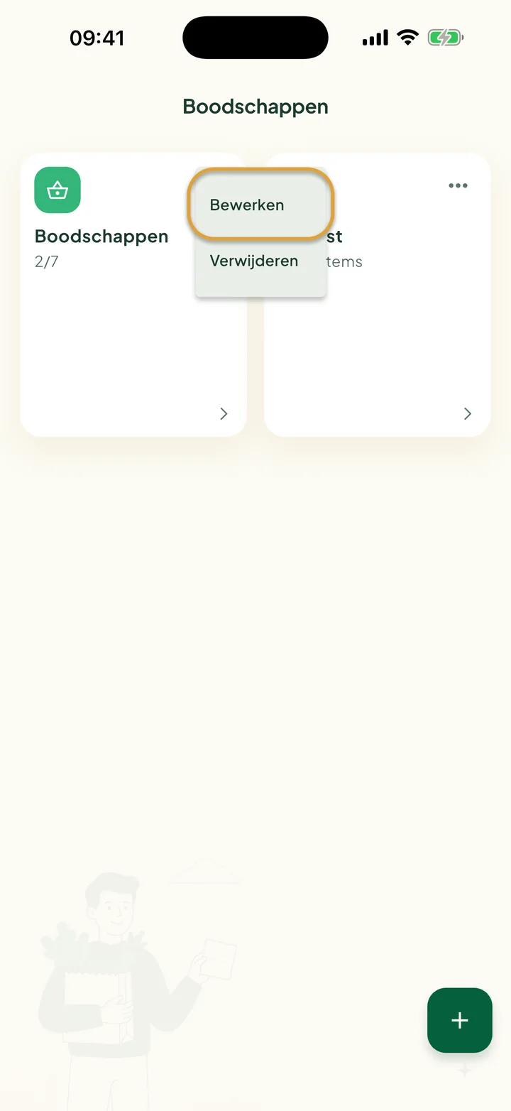 Het scherm Boodschappen met het menu ⋯ van een lijst open. Bewerken is omcirkeld, met Verwijderen eronder.
