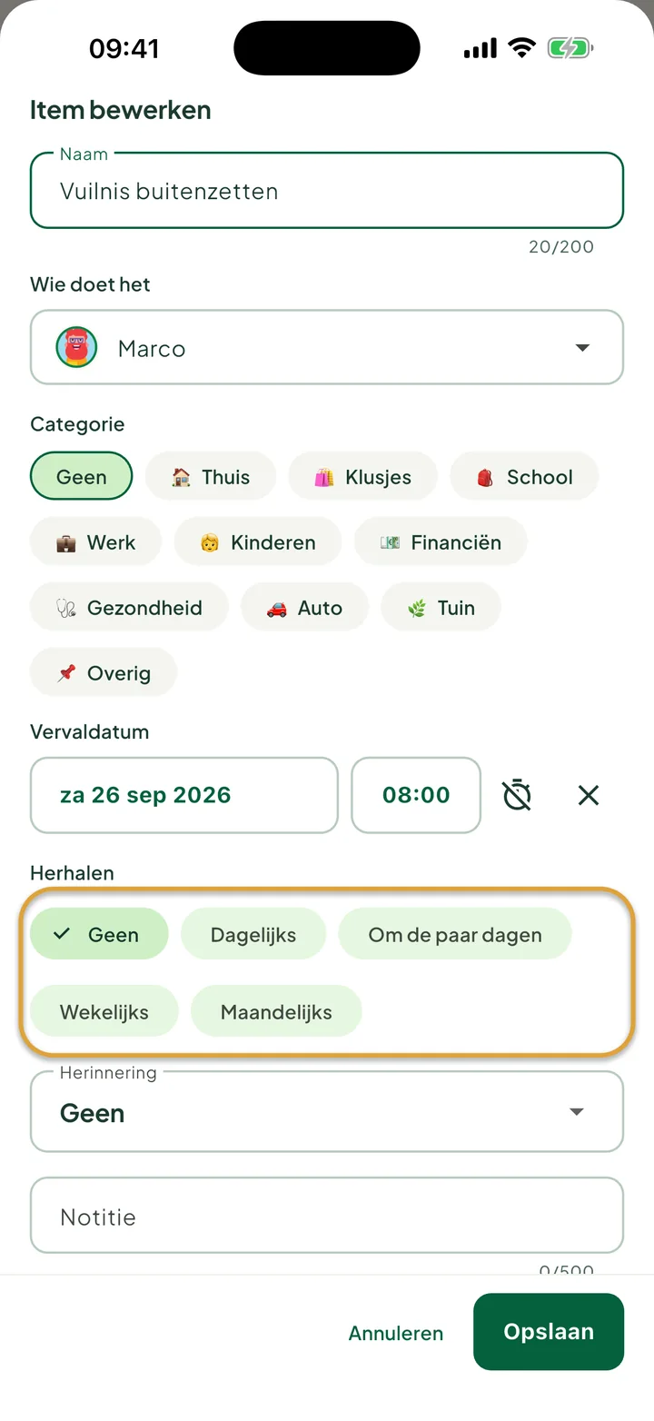 Het venster om een taak te bewerken. De keuzes bij Herhalen, Geen, Dagelijks, Om de paar dagen, Wekelijks en Maandelijks, zijn omcirkeld.