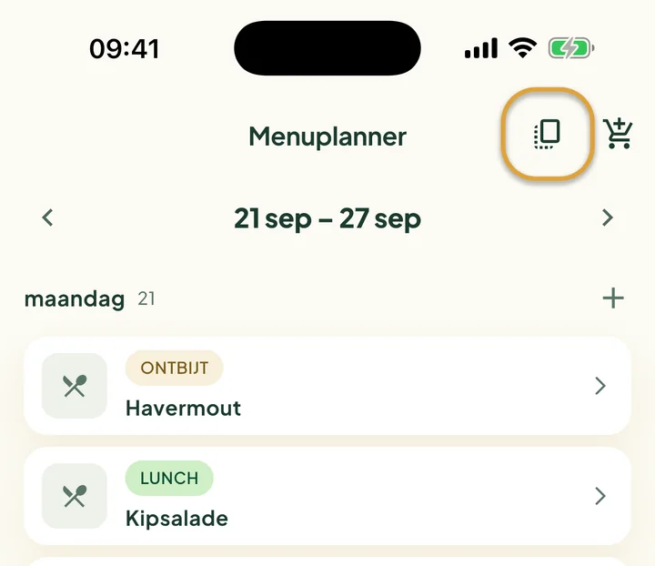 De bovenkant van de menuplanner. De kopieerknop naast het winkelwagentje is omcirkeld.