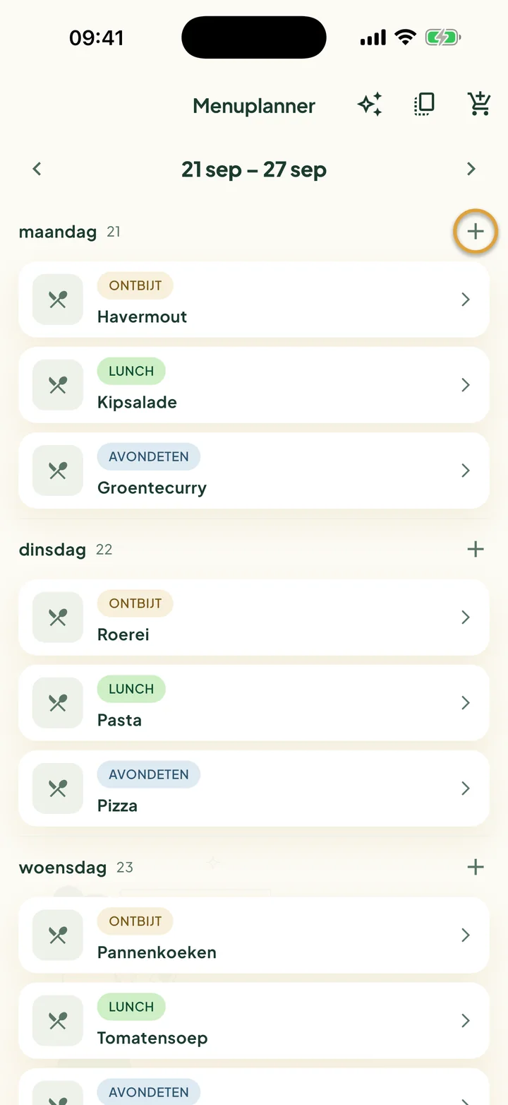 De menuplanner voor één week. De + naast maandag is omcirkeld.