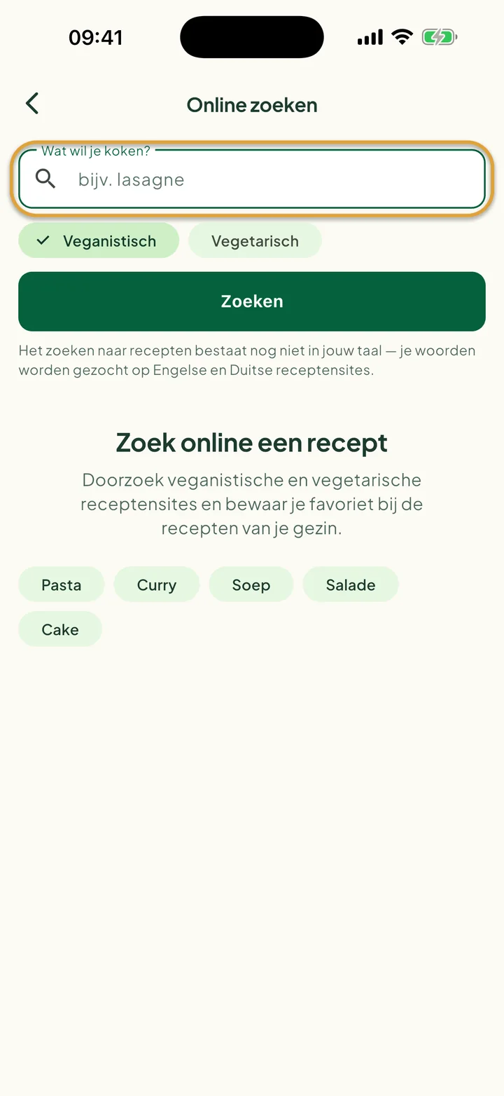 Het scherm Online zoeken. Het zoekveld voor wat je wilt koken is omcirkeld.