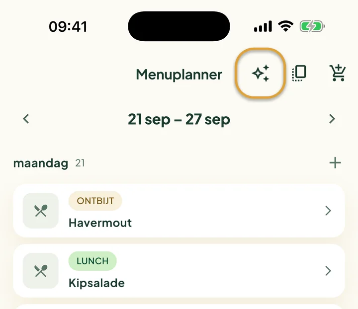 De bovenkant van de Menuplanner. De sterretjesknop naast de kopieerknop is omcirkeld.