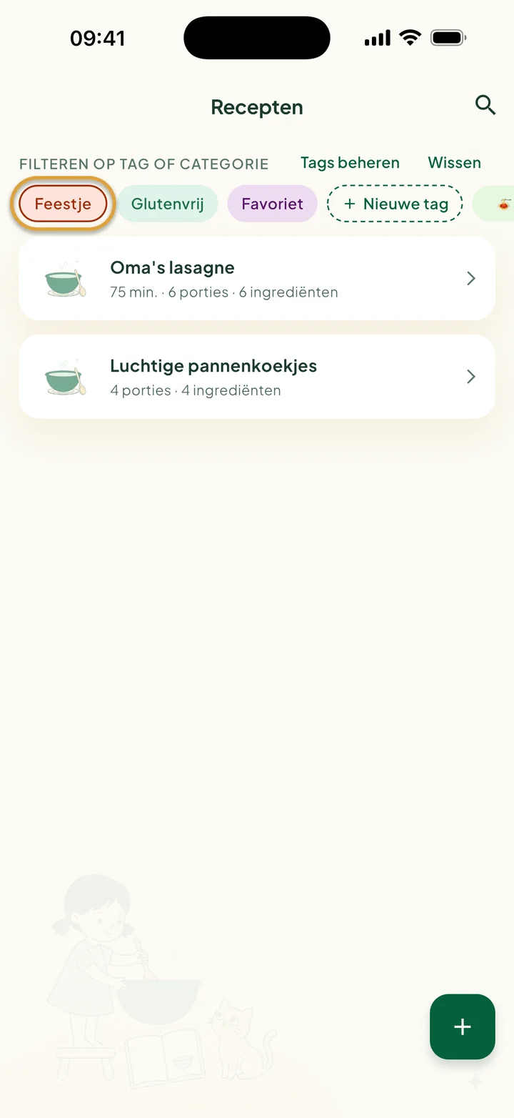 De filterrij met Feestje gekozen. Alleen Oma's lasagne en Luchtige pannenkoekjes staan erin.