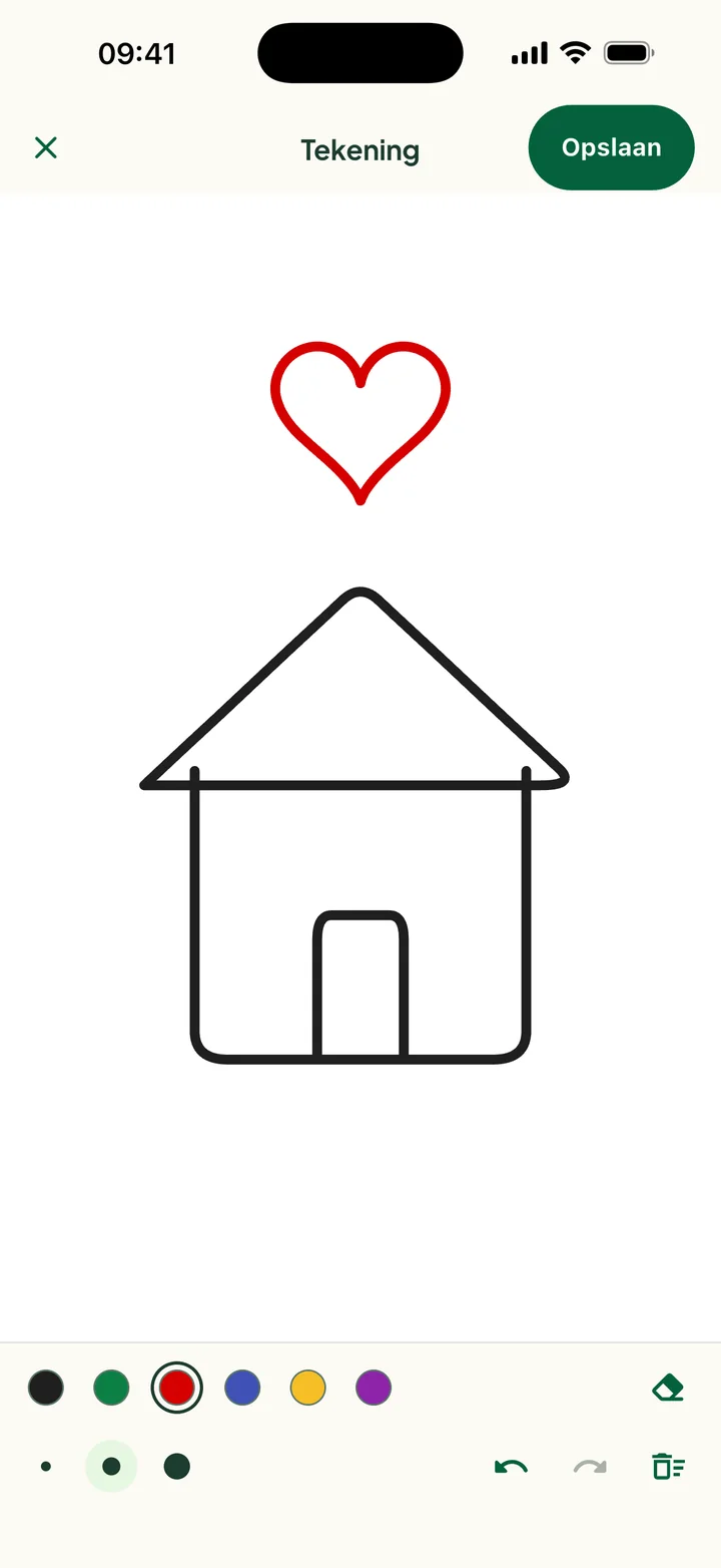 Het tekenblok met een huis en een hart: zes kleuren, drie lijndiktes, gum, ongedaan maken en opnieuw.