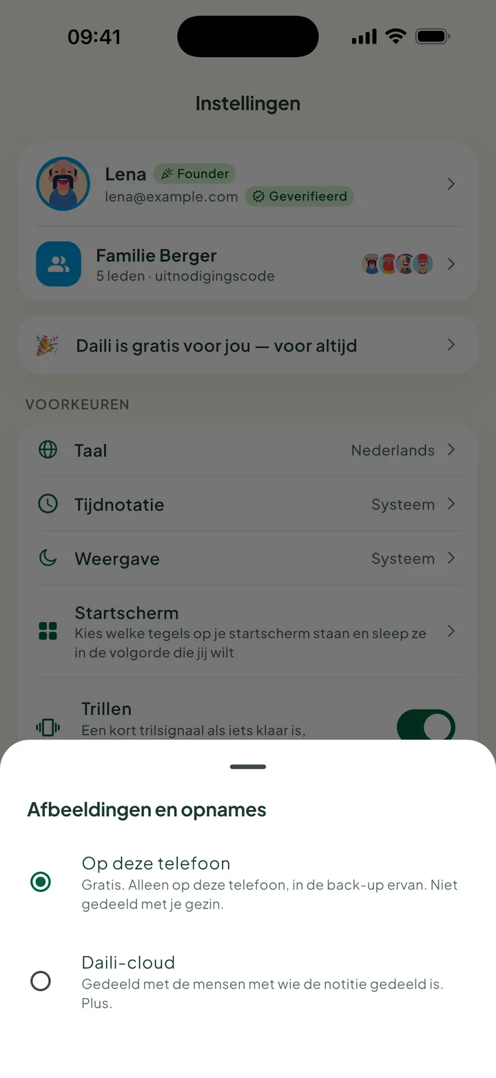 Afbeeldingen en opnames, met Op deze telefoon gekozen en Daili-cloud eronder.