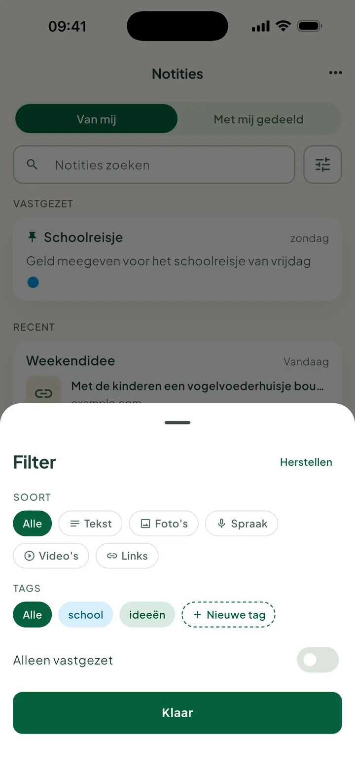Het venster Filter: Soort, Tags met Nieuwe tag, en Alleen vastgezet.