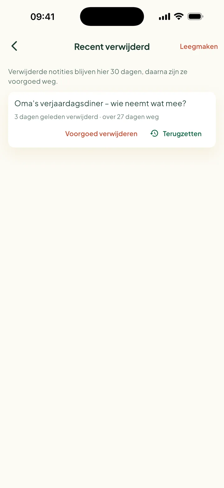 Recent verwijderd. Eén notitie, over 27 dagen weg, met Voorgoed verwijderen en Terugzetten.