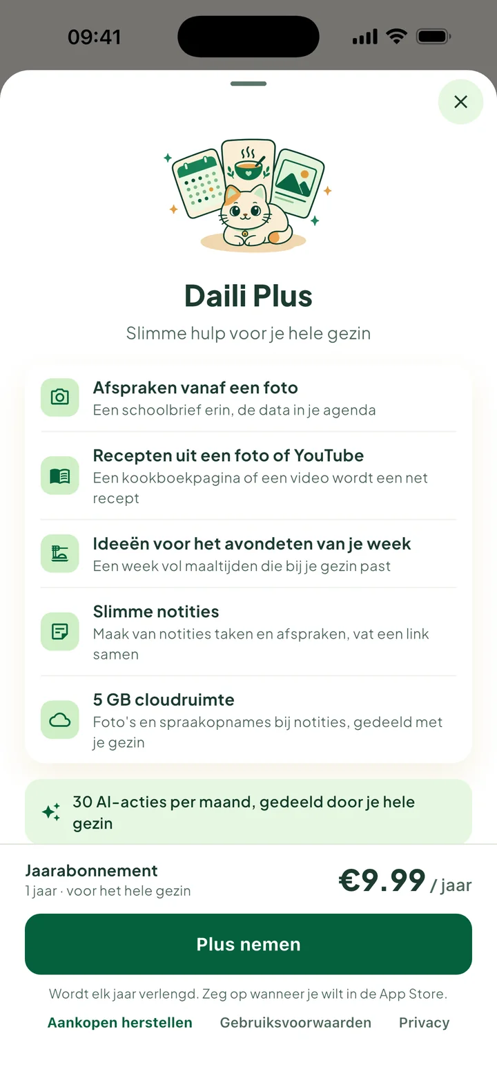 Het venster Daili Plus: wat je krijgt, de jaarprijs en de knop Plus nemen.
