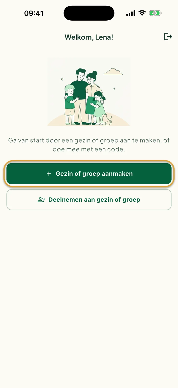 Het welkomstscherm voor nieuwe gebruikers. De knop Gezin of groep aanmaken is omcirkeld.