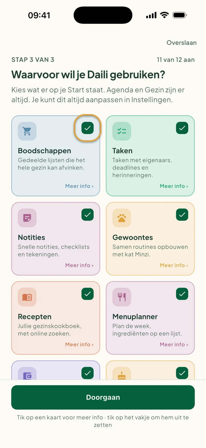 De kaarten met functies. Het vakje op de kaart Boodschappen is omcirkeld.
