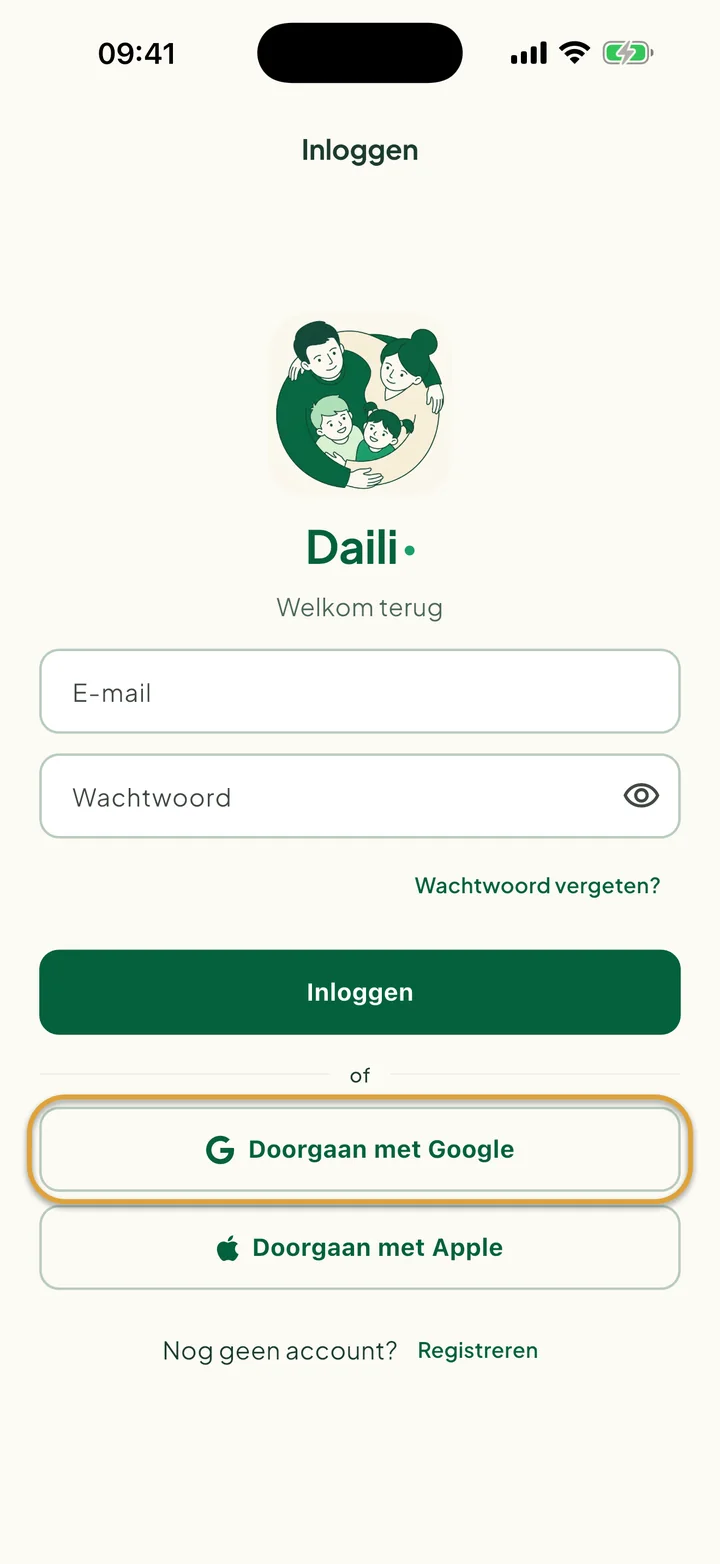 Het inlogscherm. De knop Doorgaan met Google is omcirkeld.