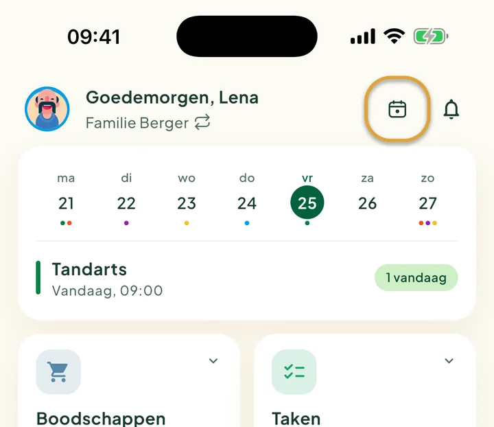 De bovenkant van het startscherm. De knop Vandaag naast de bel is omcirkeld.